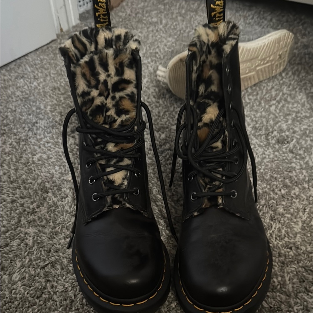 Dr. Martens Black Combat Boots with Leopard Print Lining - Picture 2 of 2